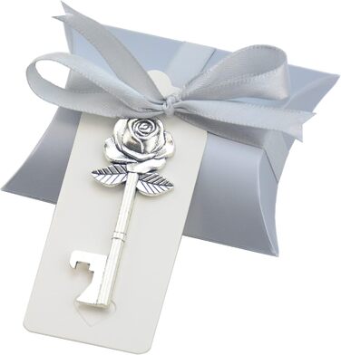 Aokbean 50pcs Wedding Key Bottle Openers Vintage Rose Flower Shape Gifts for Guest Gift Set with Candy Boxes, Thank You Tags and Ribbon (Antique Silver)