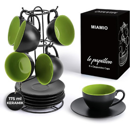 MIAMI - 6 x 175 ml Cappuccino Cups with Saucers & Stand/Cappuccino Cup Set - Le Papillon Collection (Green)