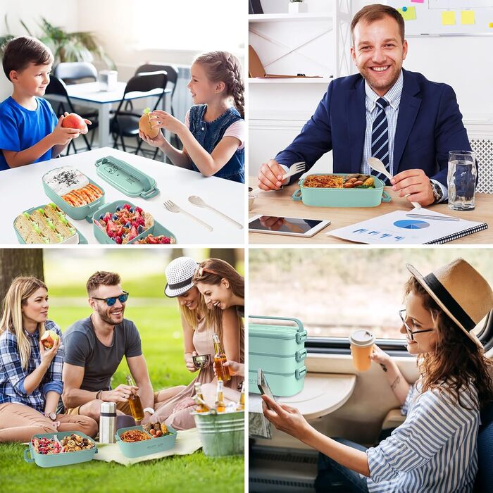 Бенто-бокс 2700 мл, 3-рівневий з виделкою та ложкою, 4-в-1, для їжі, зберігання продуктів, для чоловіків, жінок, студентів, мікрохвильова та посудомийна машини (Хакі, Легкоблакитний)