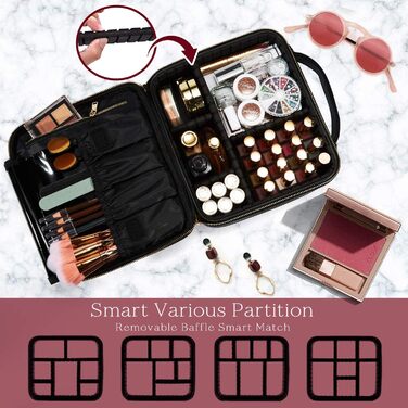 Косметичка для макіяжу та косметики, органайзер для подорожей, сумочка для косметики з ручкою та регульованими перегородками (шкірозамінник, чорний)