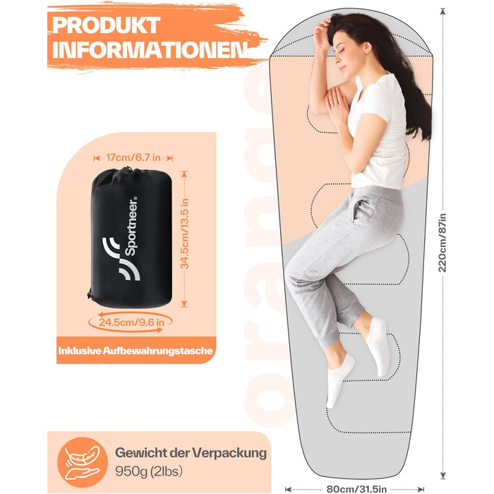 Сплячий мішок Sportneer - компактний та ультралегкий (950г/1500г) - кокон для кемпінгу, подорожей та відпочинку на природі. Підходить для чоловіків, жінок та дорослих. Односезонний/трисезонний спальний мішок (Помаранчевий, літо)
