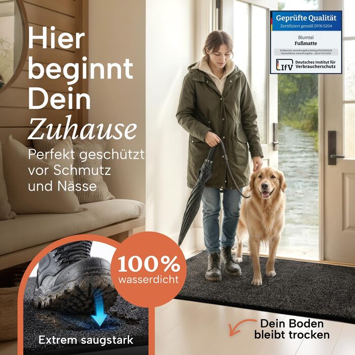 Килимок вхідний Blumtal 80x120 см, мікрофібра, вологостійкий та протиковзкий килим для дому (Антрацит)