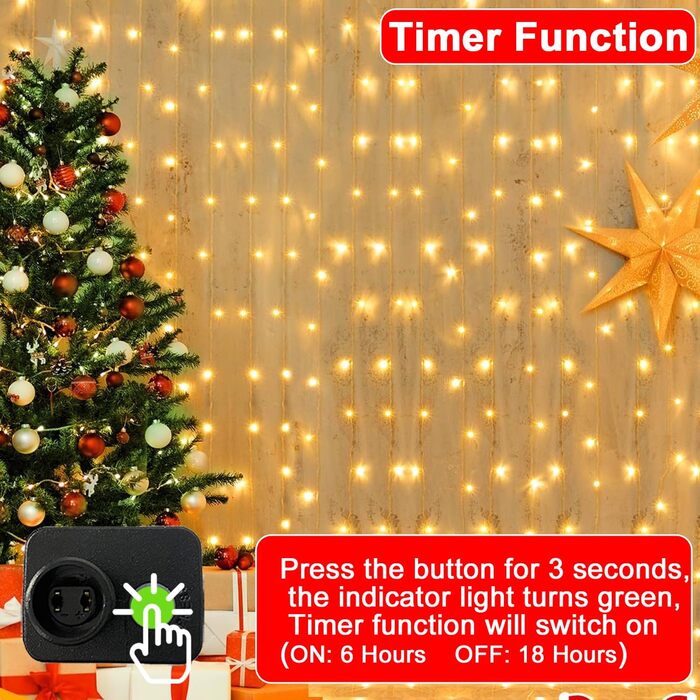 Лямпаденний завіс 6м x 3м, 600 LED, з вилкою, таймером, 8 режимів, вологостійкий, тепле світло. Ідеально для декору вікна, павільйону, саду, на Різдво.