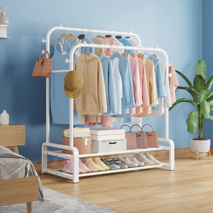Freestanding clothes rack with double rod design, clothes hangers, 8 hooks, and 2 shoe shelves - Multifunctional wardrobe stand in white for the bedroom