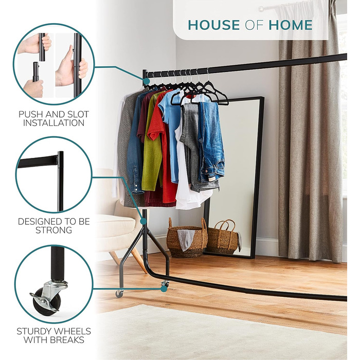 House of Home Robust Metal Clothes Rail with Wheels – 1-Tier Replacement for a Wardrobe with a Single Rail – Clothes Rack for Hanging – Storage
