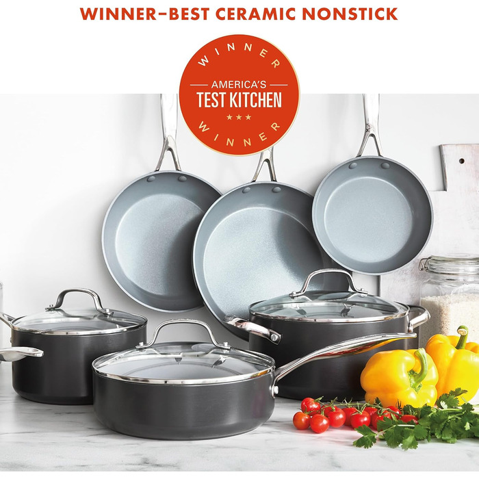 GreenPan Valencia Pro Thermolon Healthy Ceramic Non-Stick 11-Piece Cookware Set, Pots and Pans, PFAS-Free, Including Frypans, Saute Pans, Induction, Dishwasher Safe, Oven Safe, Grey Cookware Set 11-Piece