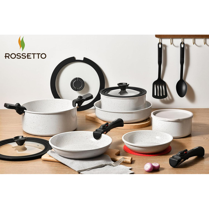 Набір посуду ROSSETTO 23 предмета з знімними ручками та керамічним антипригарним покриттям, складається для зберігання. Включає: каструлі, сковорідки, сотейники, казани. Без PFOA та PFOS.