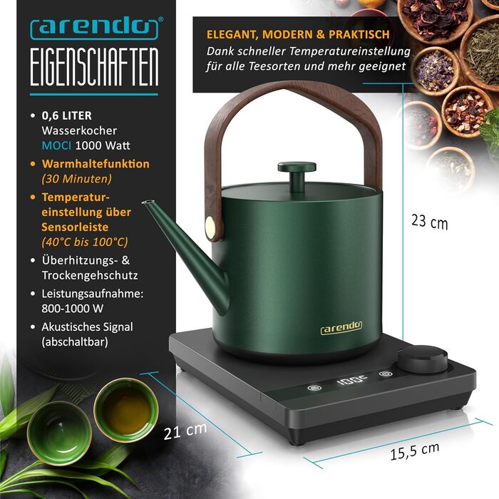 Електричний чайник Arendo з регулюванням температури 40-100°C, 0.6 л, з цифровою основою, з індикатором температури, BPA Free, функція підтримки тепла, чорно-зелений