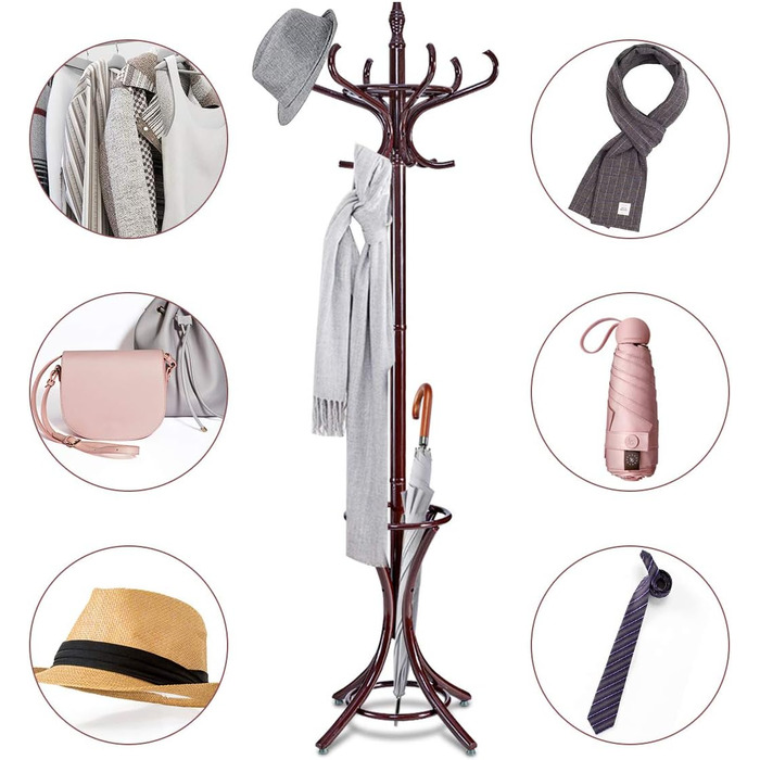 COSTWAY 184cm Wardrobe Rack with Umbrella Holder, Coat Rack with 12 Clothes Hooks, Clothes Rack made of Wood, Freestanding Wardrobe for Entryway, Living Room and Bedroom (Brown)