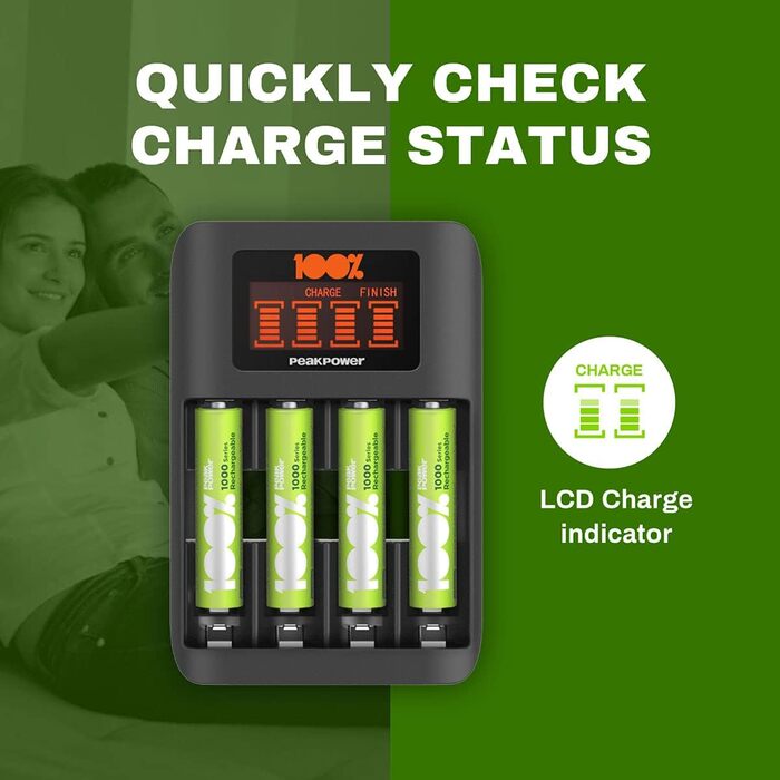 Зарядний пристрій PeakPower для акумуляторів AA AAA | Зарядка для акумуляторів з 8 акумуляторами (4 x AA + 4 x AAA), захист від перезаряду, таймер безпеки (USB зарядний пристрій для акумуляторів у екологічній упаковці), 8-слотовий зарядний пристрій + 8 акумуляторів (швидка зарядка + 4 x AAA акумулятори)