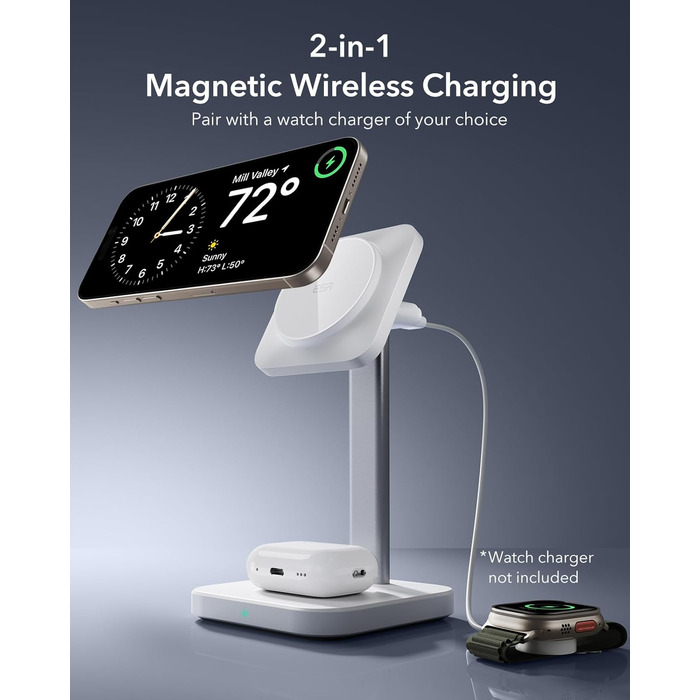 Зарядна станція 2-в-1 ESR MagSafe для Apple Watch та iPhone 17e/17/16/15/14/13/12, AirPods 4 - Біла