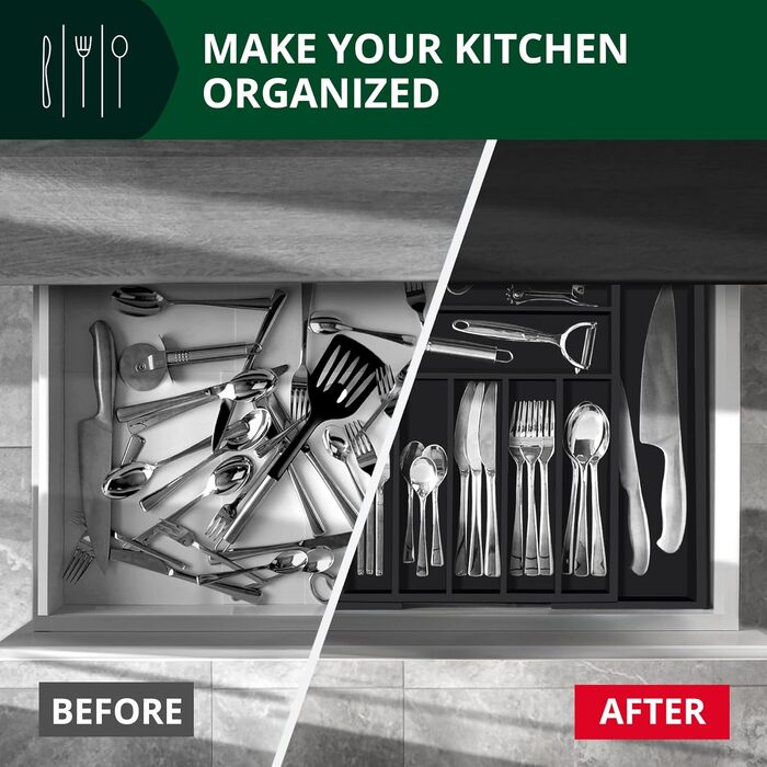 Органайзер для столових приборів ROYAL CRAFT WOOD з бамбука (9 секцій, чорний) - Роздільник для ящиків, тримач для кухонного приладдя