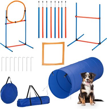 Набір для аджиліті для собак Relaxdays, 76 елементів, регульовані бар'єри, обруч, стійки для слалому, сумка, блакитний/помаранчевий