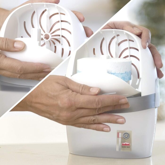 UniBond AERO 360° Moisture Absorber, extremely absorbent dehumidifier, prevents condensation, mold, and musty odors, refillable condensation absorber, 1 device including 1 refill tablet 450g