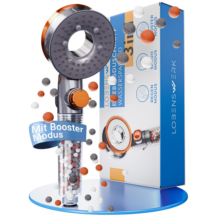 Фільтр для душу з 3 режимами, економія води, мінеральні перлини | Ручна лійка, чорний колір, інструмент, запасні перлини, сталева пластина (металік оранжевий)