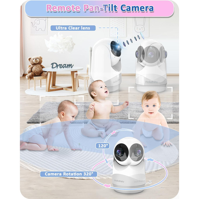 Відеоняня HelloBaby з камерою, до 29 годин роботи від акумулятора, кут огляду 318°/120°, 2x зум, інфрачервона нічна зйомка, ECO-режим, до 300 метрів, двостороння зв'язок