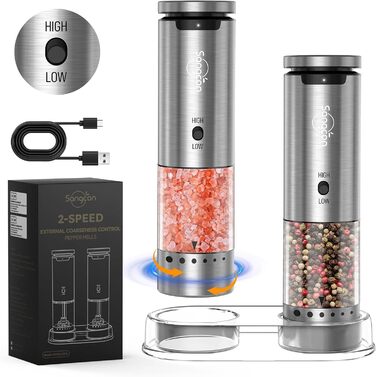 Sangcon Electric Salt and Pepper Grinder Set, 2 Speeds Rechargeable, 6 Externally Adjustable Grind Settings, Automatic Salt and Pepper Grinder Set with Storage Base, One-Hand Operation