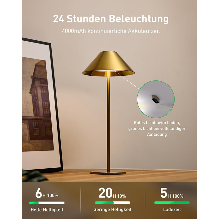 BOJIM 2 шт. LED настільна лампа на акумуляторі, золота, USB, сенсорне регулювання, IP54, водонепроникна, для балкона, поворотний наголовник