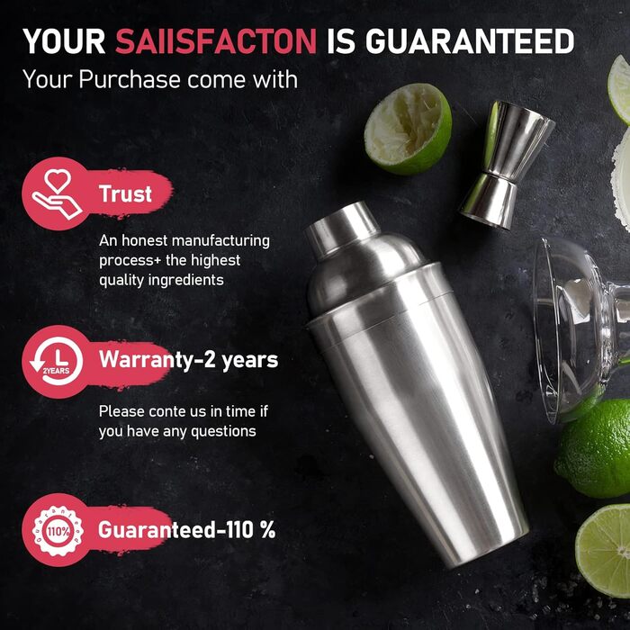 Набір шейкер для коктейлів 750 мл: професійний барменський набір з вбудованим ситом, мірний стаканчик та барна ложка. Ідеально для Мартіні, Маргарити та інших коктейлів (сріблястий)