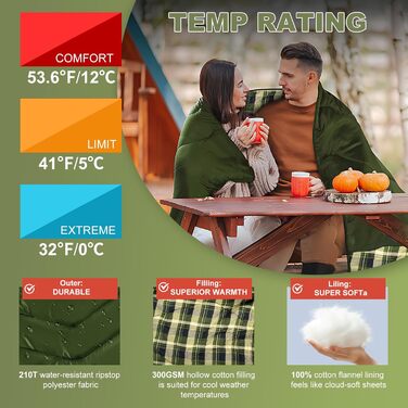 Сплячий мішок двомісний ETGLCOZY для дорослих та дітей, XL Queen Size, 220*160 см, для кемпінгу, походів, хайкінгу, водонепроникний, з компресійним мішком (зелений)