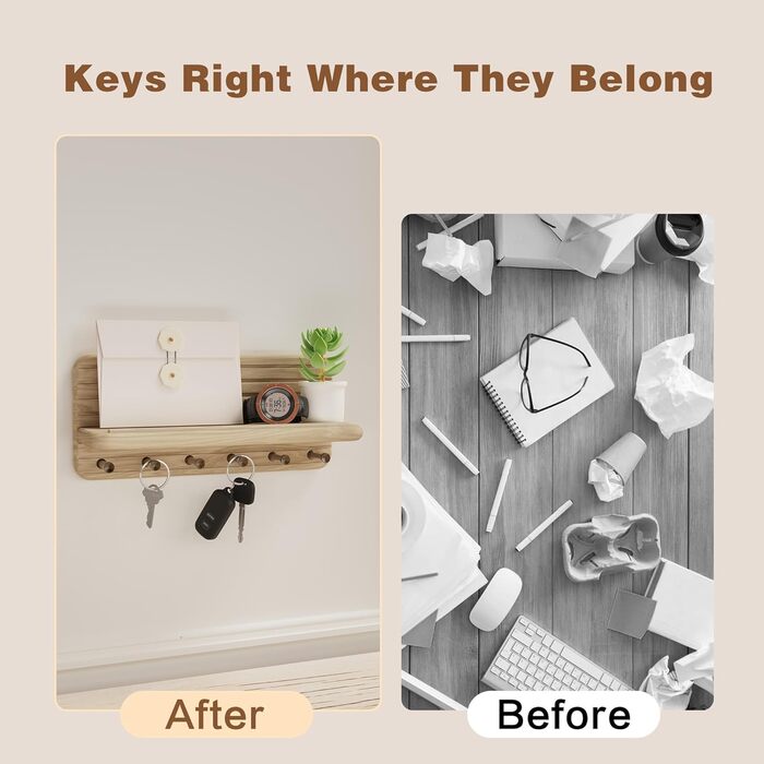 Дерев'яне ключове дошка з полицею та 6 гачками для прихожей, коридору, кухні