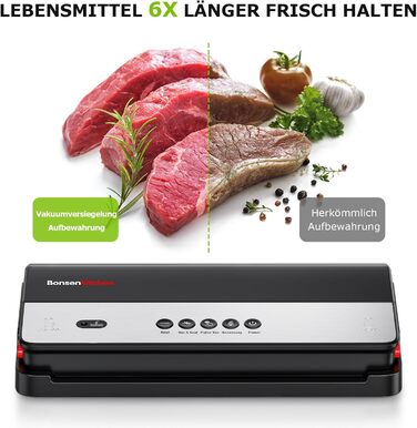 Вакуумний пакувальник Bonsenkitchen для сухих та вологих продуктів з вбудованим різаком, 1 рулон фольги, 50 професійних фольгованих пакетів чорного кольору