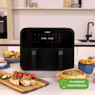 Princess Double Chamber Air Fryer with 2x4L Capacity – 74% Less Energy Consumption – Separate Temperatures for 2 Compartments – 8 Programs – 182068, 2400 Watt, 38.4 x 37.4 x 30.8 cm Double 2x4L Chamber Air Fryer Black