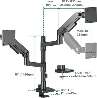 Кронштейн для двох моніторів ARES WING (17-49 дюймів) з USB, вертикальний підвіс один над одним, регулювання висоти, VESA 75/100, до 20 кг на руку, чорний