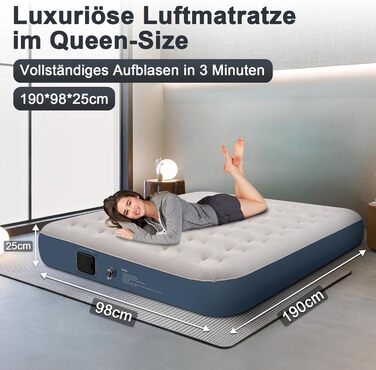 Надувне ліжко для двох осіб з електричним насосом, самонадувна, 198x152x25 см, блакитний колір