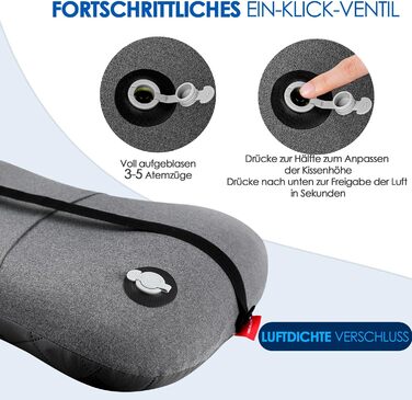 Надувна подушка для кемпінгу та подорожей HIKENTURE з знімним чохлом, ергономічна подушка для голови, комфортна подушка для шиї для подорожей/відпочинку на природі (Сірий)