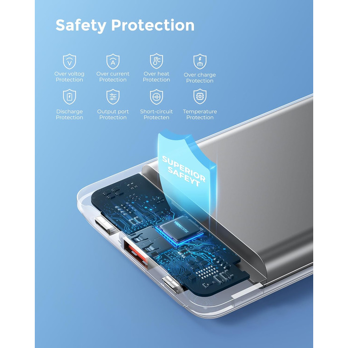 Power Bank VEEKTOMX 10000mAh: Компактний повербанк 22,5W з PD 3.0 та QC 3.0, USB-C, для iPhone/Samsung/Huawei/Xiaomi/AirPods/iPad, чорний