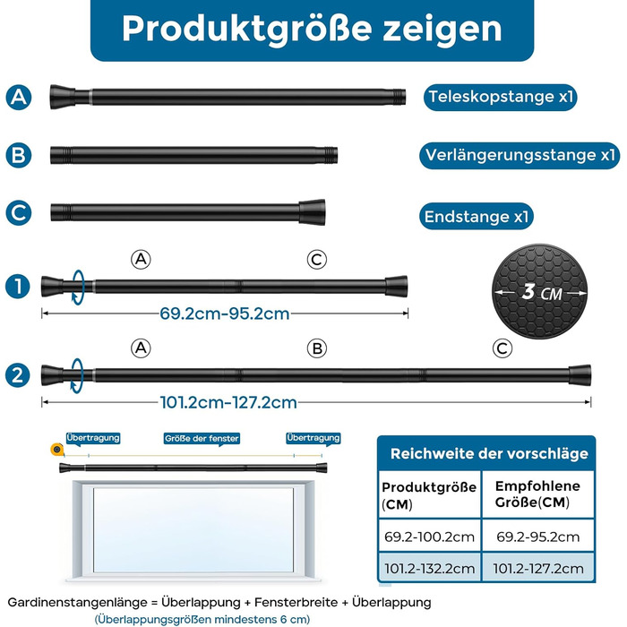 Штанга для штор без свердління AIZESI, 70-120 см, діаметр 22 мм, чорна, телескопічна, регульована