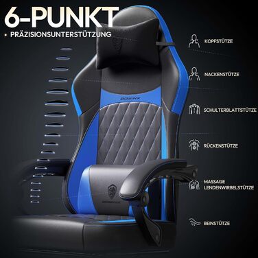 Ігрове крісло Dowinx Racing з ергономічною підтримкою попереку, PU шкіра, 150 кг, чорно-синій