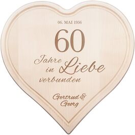 Casa Vivente Heart Cutting Board with Personalized Engraving and Juice Groove, Diamond Wedding Anniversary Gift Idea with Name and Date, 30 x 30 CM