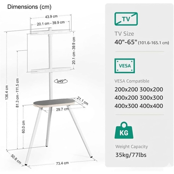 Стійка для телевізора 43-65 дюймів LCD LED OLED до 35 кг, регульована по висоті, поворотна, дерев'яна підставка з полицею, VESA 400x400 мм, біла