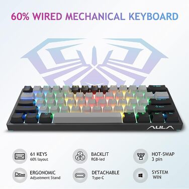 Механічна ігрова клавіатура AULA F3261, 60%, RGB, провідна, QWERTY, коричневі перемикачі, для ПК/планшету/PS/Xbox