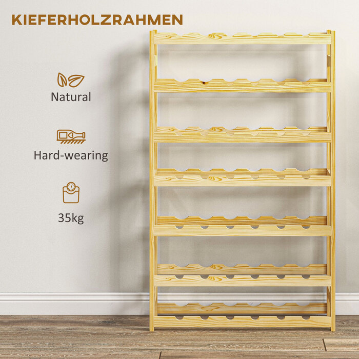 HOMCOM Wine Rack 63 x 25 x 102 cm for 42 Bottles with 7 Shelves, Freestanding Rack and Tip-Over Protection in Natural Wood Finish