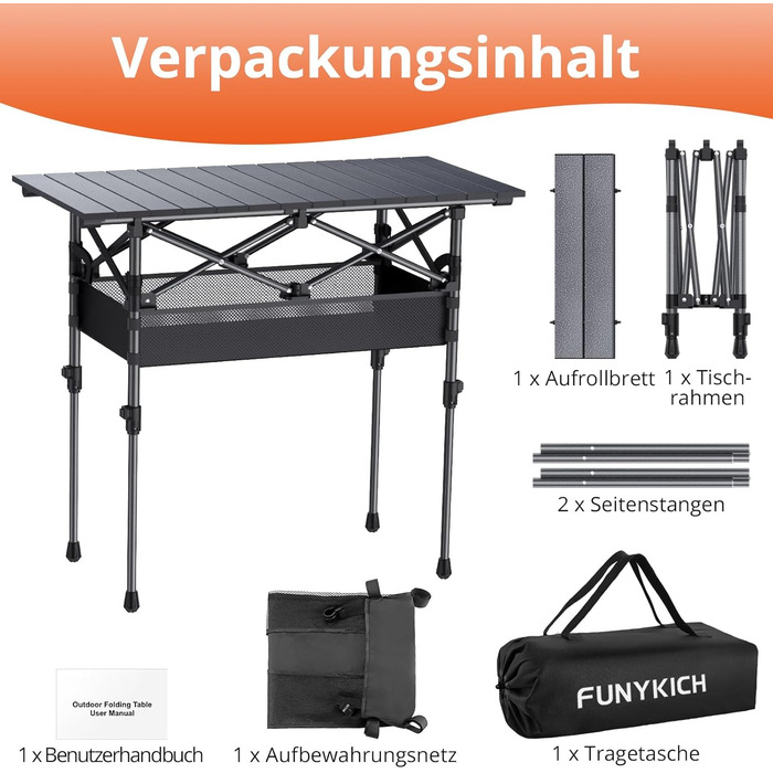 Складаний туристичний стіл FUNYKICH 82x40 см з регулюванням висоти (44/70 см), з сітчастою кишенею, для пікніка, кемпінгу, BBQ, саду