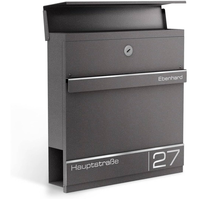 Поштова скринька Metzler Anthrazit RAL 7016 з газетницею та номерним знаком - персоналізована лазерним гравіюванням | Сучасна водонепроникна та стійка до іржі поштова скринька Hermann (Db703)