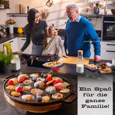 Чавунна сковорода для міні-панкейків IRONO Poffertjes, 19 отворів, з аксесуарами (масляний пензлик, лопатка, 6 виделок, пляшка для тіста, ручки)