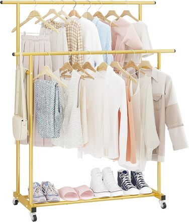 Clothes rack with double bar, rolling clothes rack, portable clothes rack for bedroom, living room, clothing store, gold
