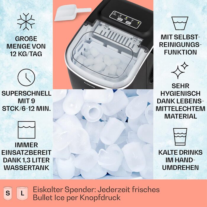 Klarstein Ice Maker - 12kg/24h, 2 sizes, 1.3L water tank, LED displays, transparent lid, portable, ice cube maker for parties/garden events (Black)