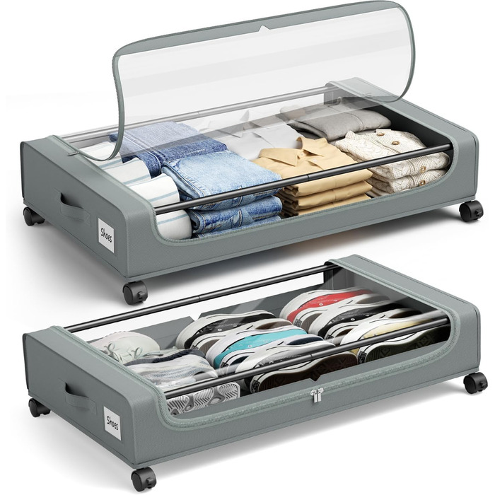 Коробки для зберігання під ліжко PHINOX з роликами, сірі, 2 шт (74x42x16 см) - коробки-органайзери для одягу, взуття, іграшок з прозорою кришкою