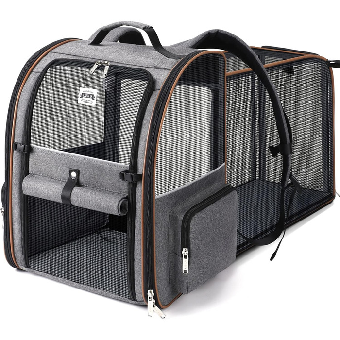 Розширюваний рюкзак для кота/собаки, до 8 кг, сірий. Рюкзак-переноска для тварин з безпечною шнуркою та підстилкою, 32 x 28 x 42 см