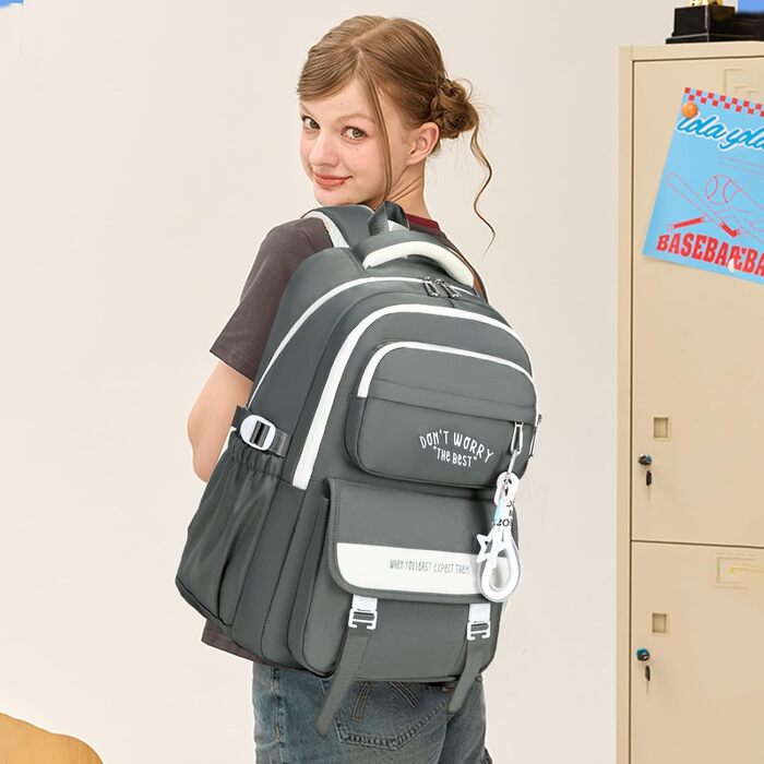 Шкільний рюкзак для підлітків (дівчаток та хлопців), багато кишень, водонепроникний, з відділенням для ноутбука 15,6 дюймів (сірий)