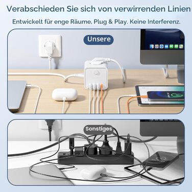 Мережевий фільтр (подовжувач) 7 в 1 з USB-портами, 3 розетки, з вимикачем, кабель 2м, білий — для дому та офісу