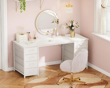 Комп'ютерний стіл Coleshome з 8 висувними ящиками з тканини, 140x48 см, білий. Зберігання, для офісу, дому, ігровий стіл.