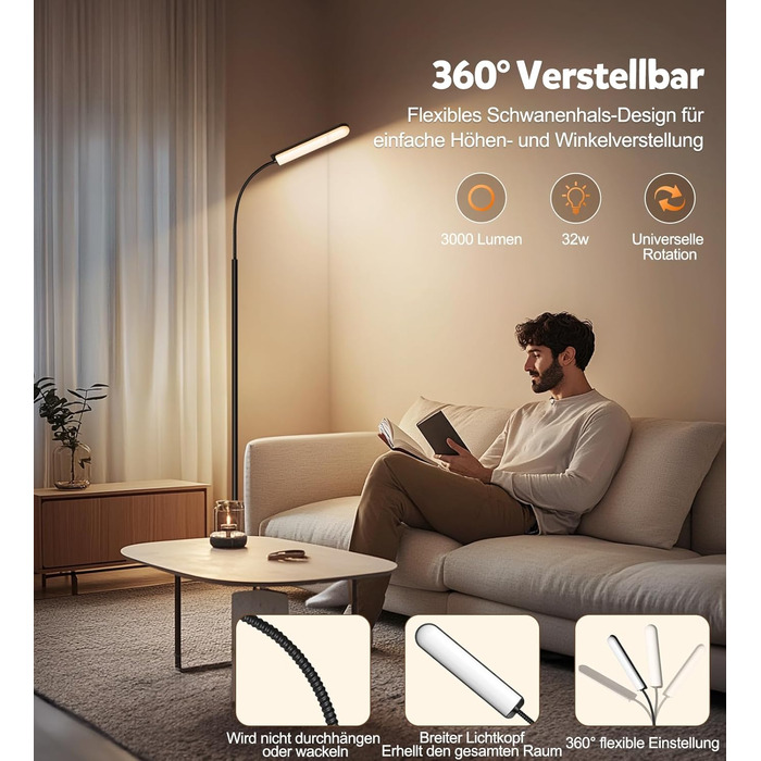 LED-лампа Handsonic на ніжці, 18W, 1650LM, чорна, з регулюванням яскравості, 360° гнучкий шийка, диммер, пульт дистанційного керування, ретро-дизайн, для вітальні та читання