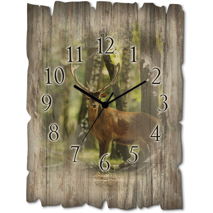ARTLAND Wall Decor Wall Clock without Ticking Sound, Wood Quartz Clock, 30x40 cm, Rectangular, Silent, Nature, Animals, Deer, Forest, Landscape, Original, Nordic, T5YP