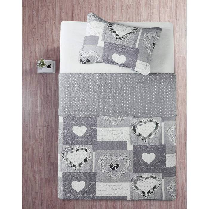 Комплект стеганих ковдр Brilliant Sunshine Grey Heart Love Patchwork (2 шт.) з наволочкою, двостороння покривало, м'яка легка ковдра, універсальна ковдра для двоспального ліжка, сірий колір